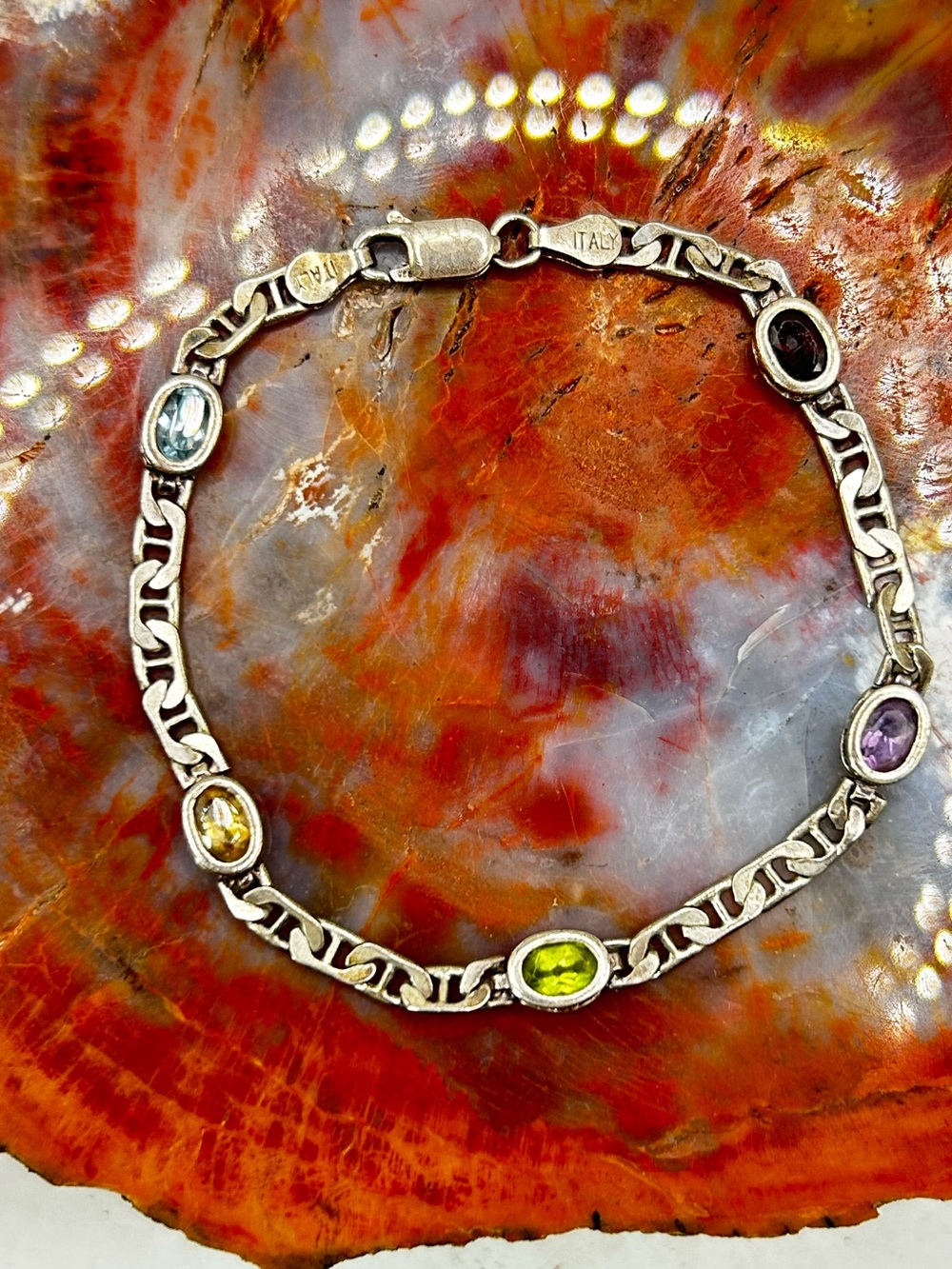 Sterling Silver Multi Gemstone Mariner Chain bracelet - 7 inches